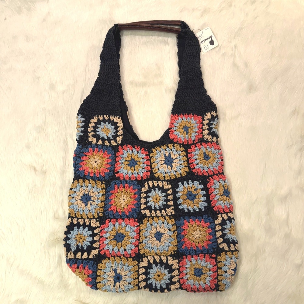 NWT Free People Crochet Tote Bag Womens OS Black Multi Granny Square Boho Hippie